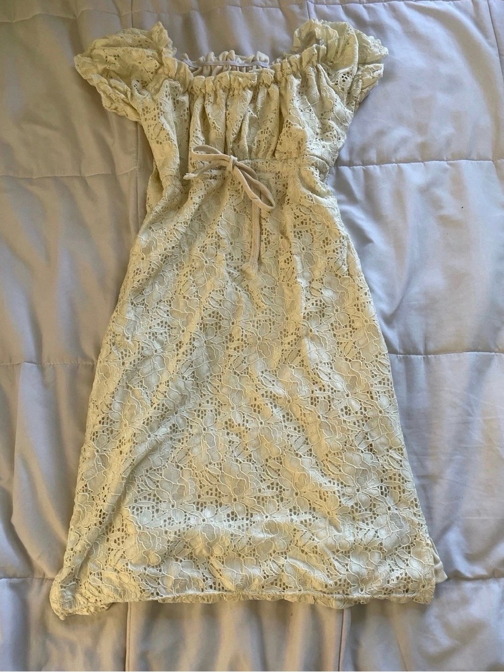 Lace Off-Shoulder Cream Dress with Drawstring Waist
